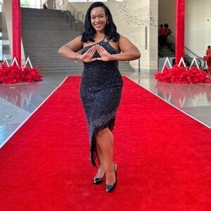 Vintage Y2K Asymmetric Beaded Cocktail Dress Black Formal Long Classic Large LBD